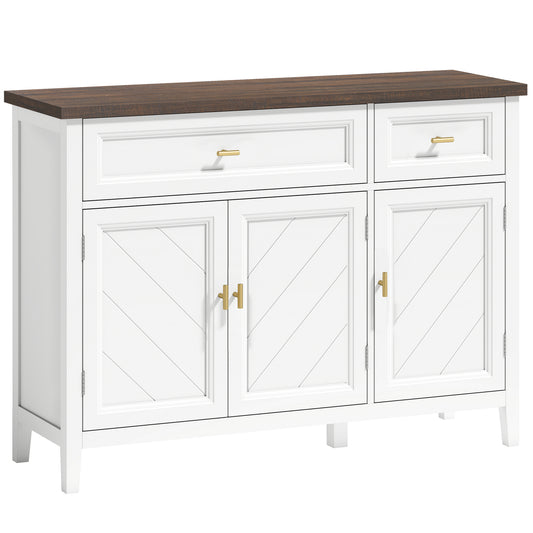 Modern Sideboard | 3 Doors & 2 Drawers | 3-Position Adjustable Shelves | Gold Alloy Handles | Anti-Tipping Straps | Water-Resistant | 75kg Capacity | 110x35x80.5cm | White & Brown Wood Effect