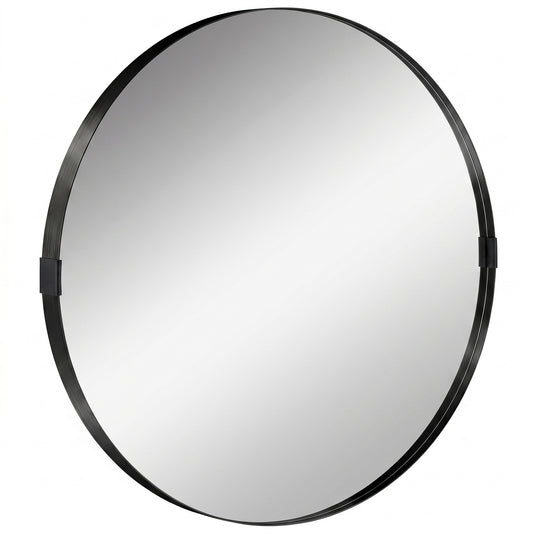 Round Wall Mirror | Shatterproof Tempered Glass | Anodised Aluminium Alloy Frame | 4cm Deep 3D Effect | 61cm Diameter | No Assembly | Black