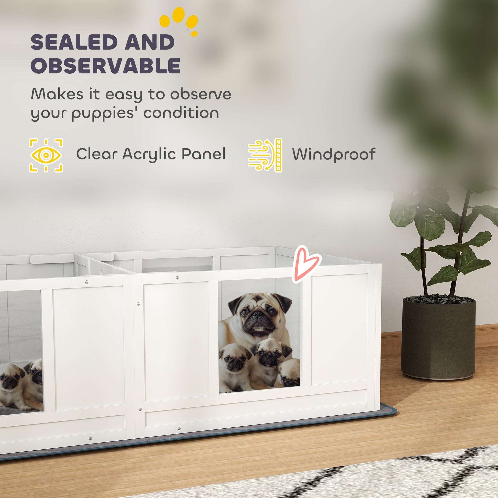 PawHut Two Room Design Whelping Box for Dogs with Whelping Pad, Clear Panels, Adjustable Entrance, for Small Dogs, 164 x 80cm