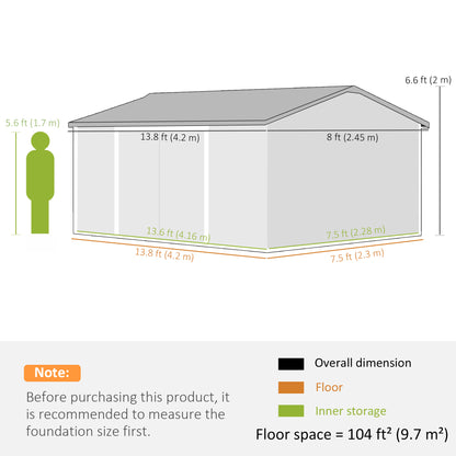 Large Galvanised Steel Garden Storage Shed | 420x245x200cm | 14x8ft | 9.7m² Floor | Sloped Roof | 4 Ventilation Windows | Lockable Door | Foundation Kit | Lock & Gloves Included | Grey