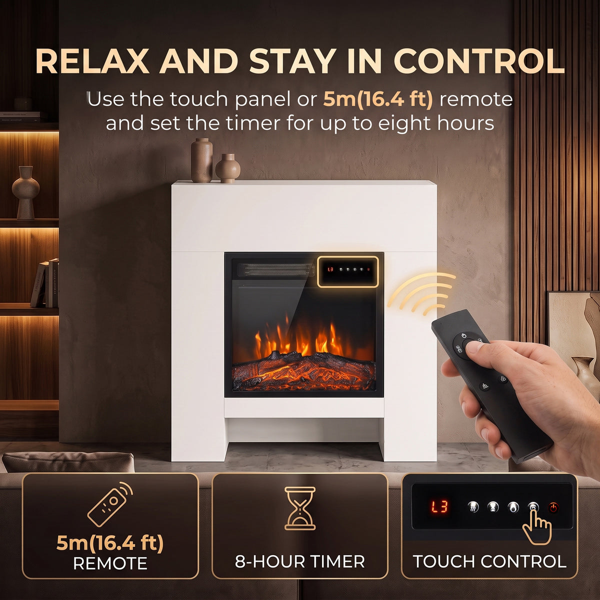 White Electric Fireplace Suite | 75cm Freestanding Mantel & Lower Storage | 900/1800W, Adjustable Log Flame Effect, 8-Hour Timer & Remote