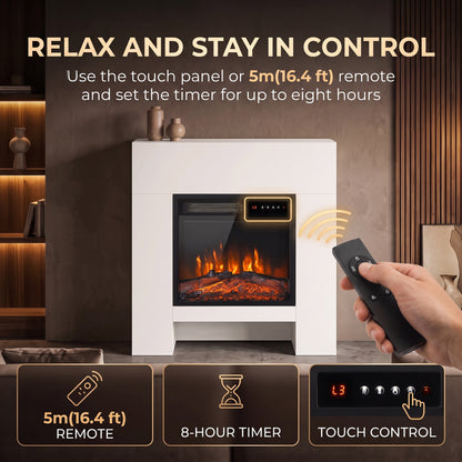 White Electric Fireplace Suite | 75cm Freestanding Mantel & Lower Storage | 900/1800W, Adjustable Log Flame Effect, 8-Hour Timer & Remote