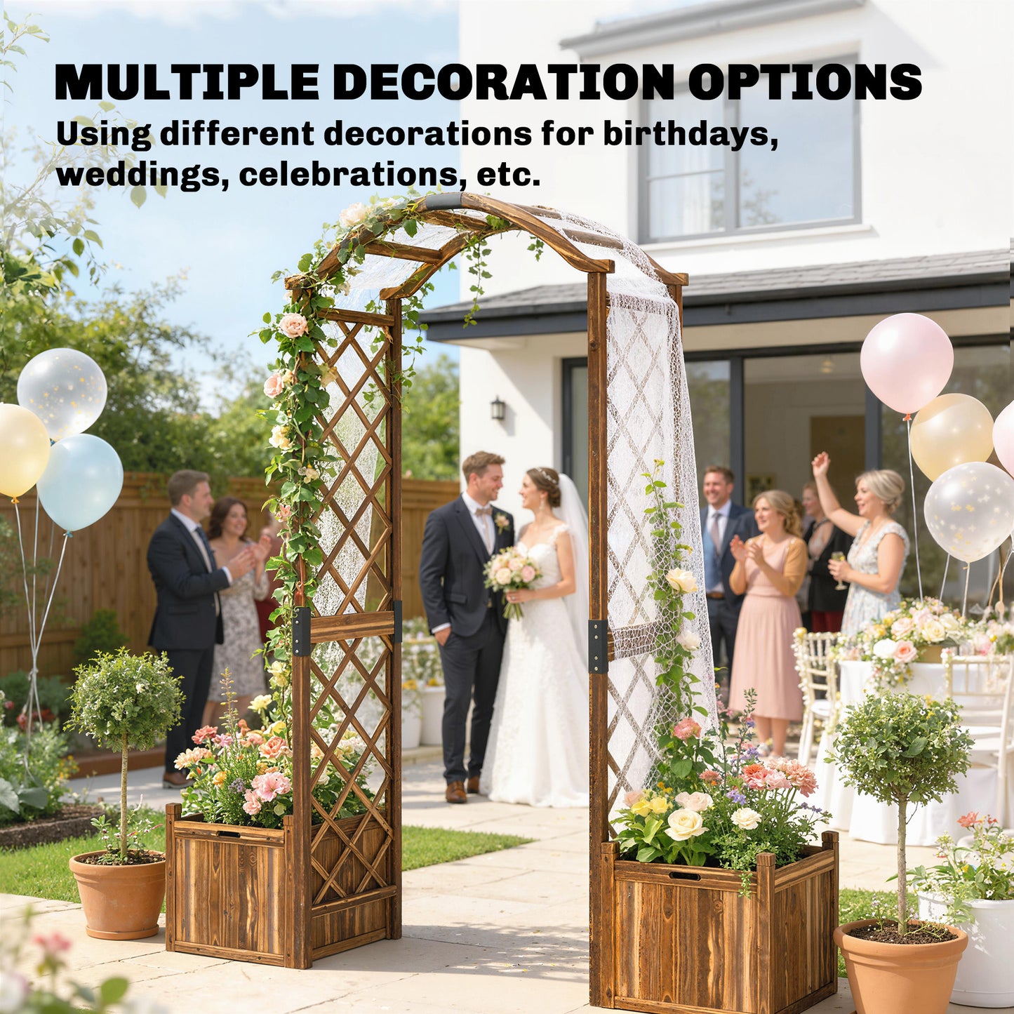 Wooden Garden Arch with 2 Planter Boxes | Trellis for Climbing Vines & Roses | Carbonised Fir Wood | Water Lacquer Finish | 25kg Capacity | 170.5x42x200cm | Carbonised