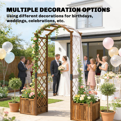 Wooden Garden Arch with 2 Planter Boxes | Trellis for Climbing Vines & Roses | Carbonised Fir Wood | Water Lacquer Finish | 25kg Capacity | 170.5x42x200cm | Carbonised