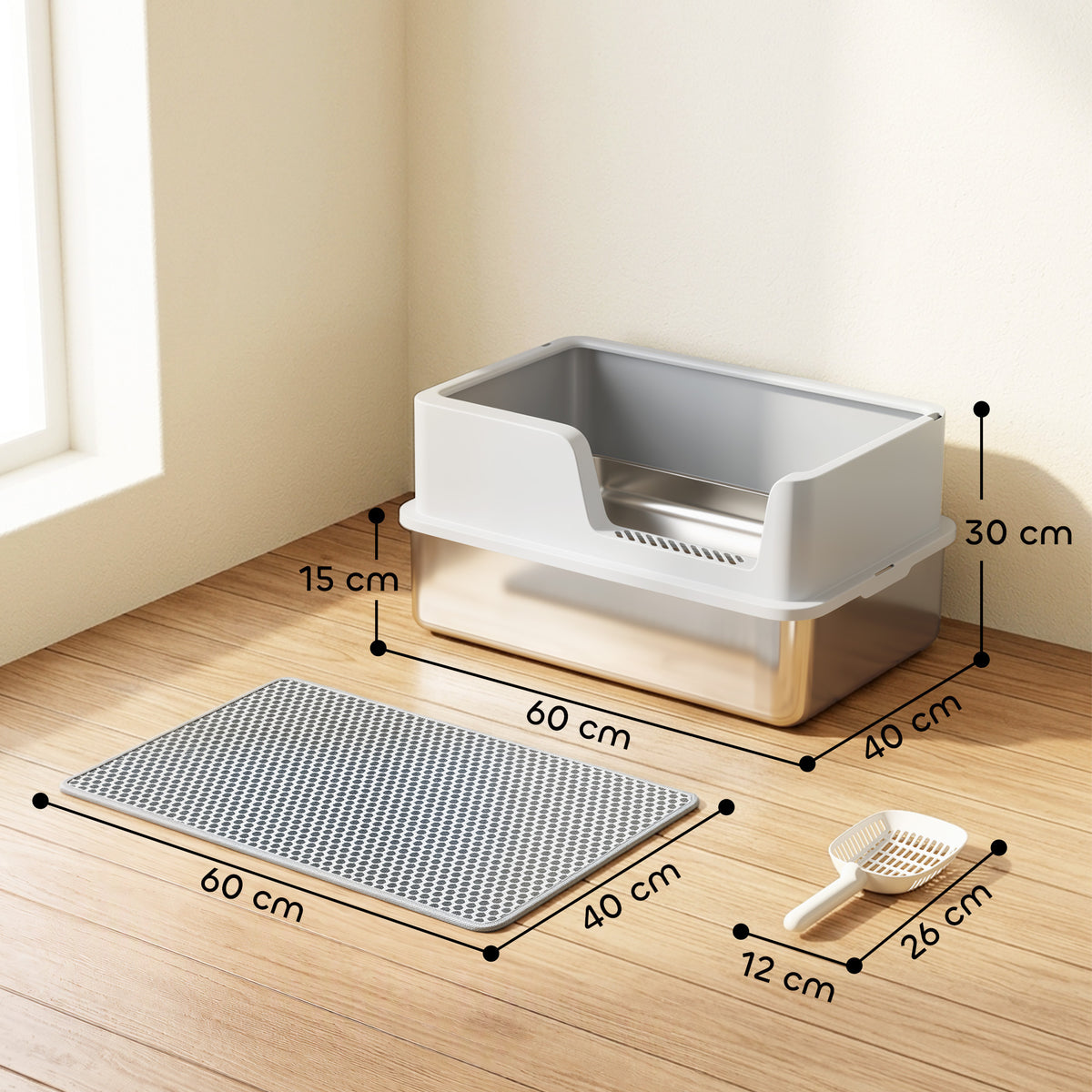 XL Cat Litter Tray | 201 Stainless Steel Pan | Semi-Enclosed PP Lid | High Sides & Sealed Seams | 30L | Cats up to 8kg | 60x40cm Litter Mat | Scoop Brush & Hook | 60x40x30cm | Inner 56x36x15cm | Light Grey