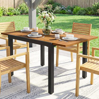 Expandable Acacia Wood Garden Dining Table | Black Powder-Coated Steel Frame | Extends 80-120cm | Adjustable Foot Pads | 50kg Capacity | No Assembly Required | 120x70x75cm | Natural & Black