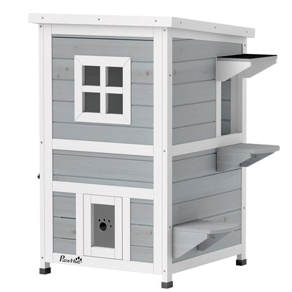 2-Floor Wooden Outdoor Cat House | Fir Wood | Water-Resistant Paint | Elevated Base | Jump Platforms | 3 Doors & Windows | Openable Roof | Litter Tray Space | Max 5kg Per Cat | 51x51x81.3cm | Grey