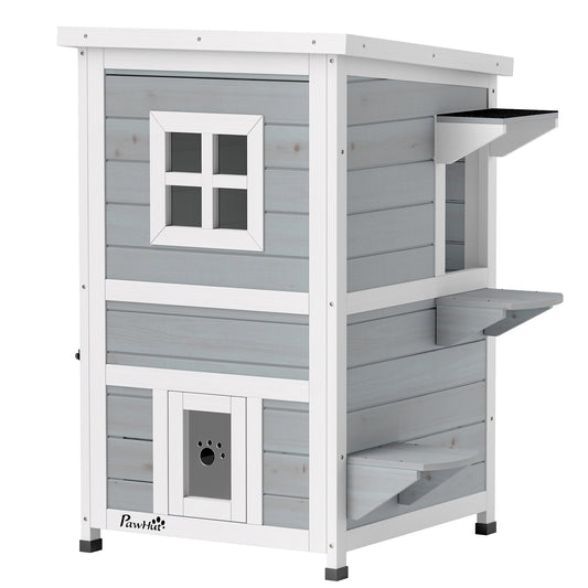 2-Floor Wooden Outdoor Cat House | Fir Wood | Water-Resistant Paint | Elevated Base | Jump Platforms | 3 Doors & Windows | Openable Roof | Litter Tray Space | Max 5kg Per Cat | 51x51x81.3cm | Grey