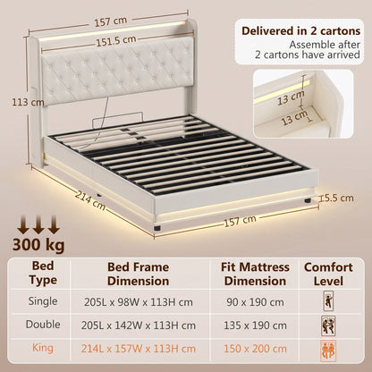 5ft King Ottoman Bed Frame | Cream Linen-Look Fabric | 214x157x113cm | Hydraulic Lift Storage 150x200x20cm | RGB LED Lights | USB-A & USB-C Charging | 300kg | EVA Noise Strips