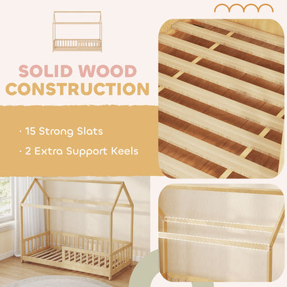 House-Shaped Kids Bed Frame with Guard Rails, Solid Pine Wood Single Bed Frame for Kids Boys and Girls, Natural