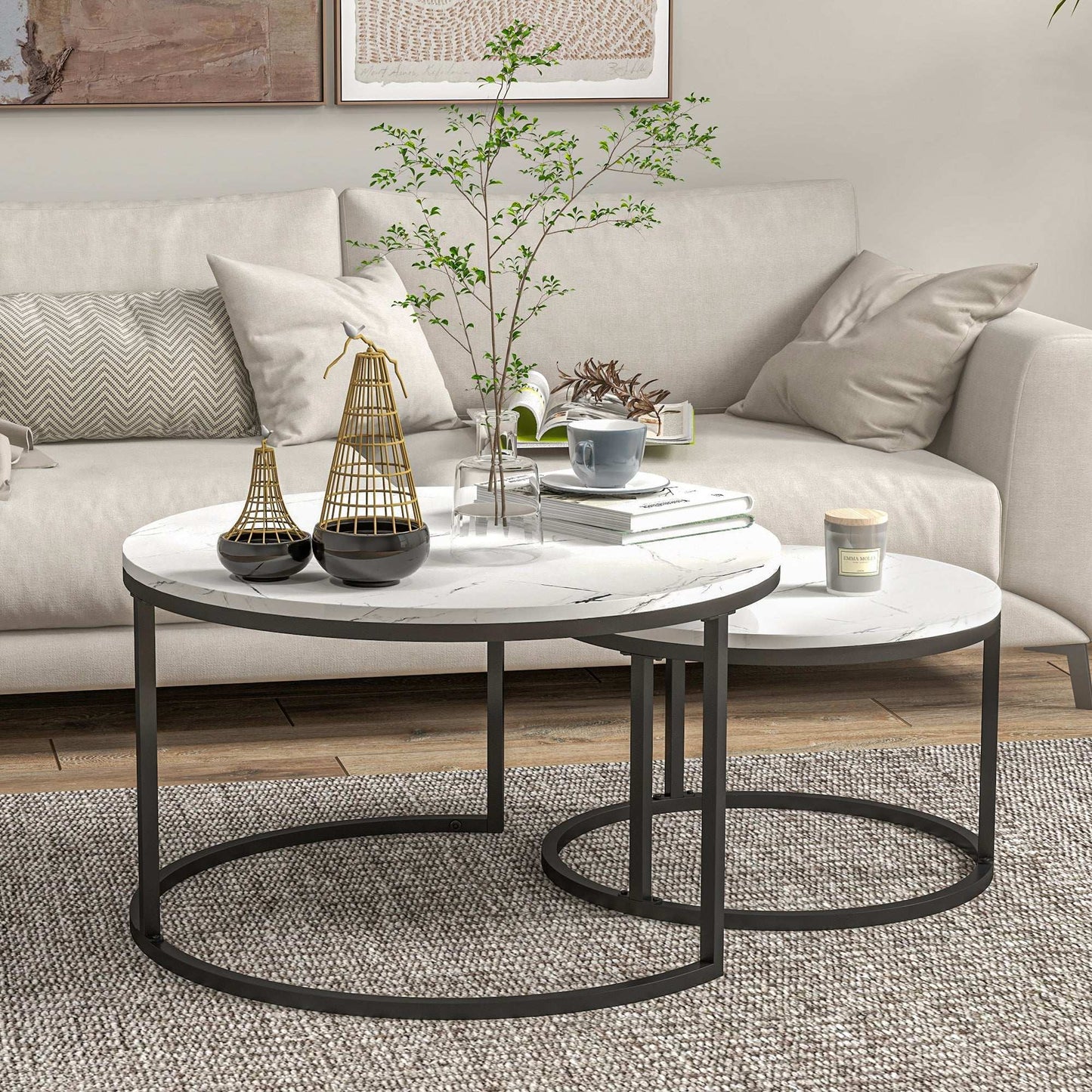 Industrial Nesting Coffee Table Set of 2, Round Coffee Tables, Living Room Table with Faux Marbled Top and Steel Frame
