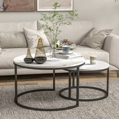 Industrial Nesting Coffee Table Set of 2, Round Coffee Tables, Living Room Table with Faux Marbled Top and Steel Frame