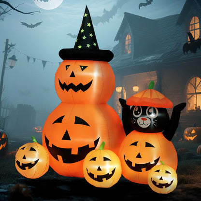 180 cm Tall Halloween Inflatables Pumpkin and Cat with Built-in LED Lights, Self-Inflating Outdoor Halloween Decoration for Garden Party, Orange and Black