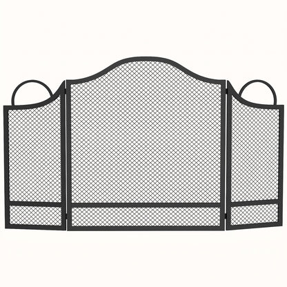 3-Panel Folding Fireplace Screen | Floral Design | Powder-Coated Metal | Spark Guard | Hearth Protection | Adjustable | Folds to 67x2x74cm | Open 122x1x74cm | Side Panels 27x64cm | Black