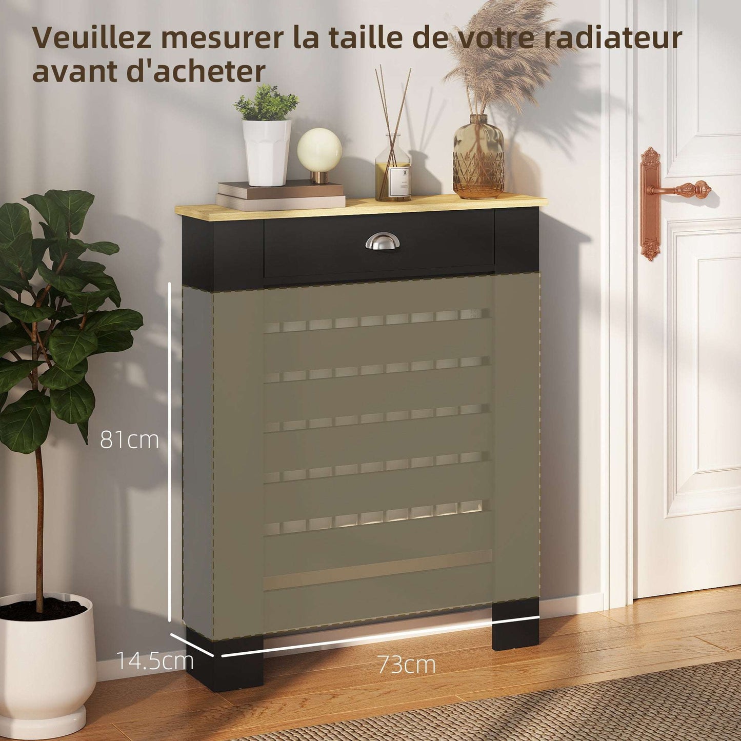 MDF & Particle Board Radiator Cover with 1 Drawer | Slatted Design | Skirting Board Cut-Outs | Easy-Fix Clips | Wood-Effect Top | 5kg Drawer Capacity | 78x19x95.5cm | Black