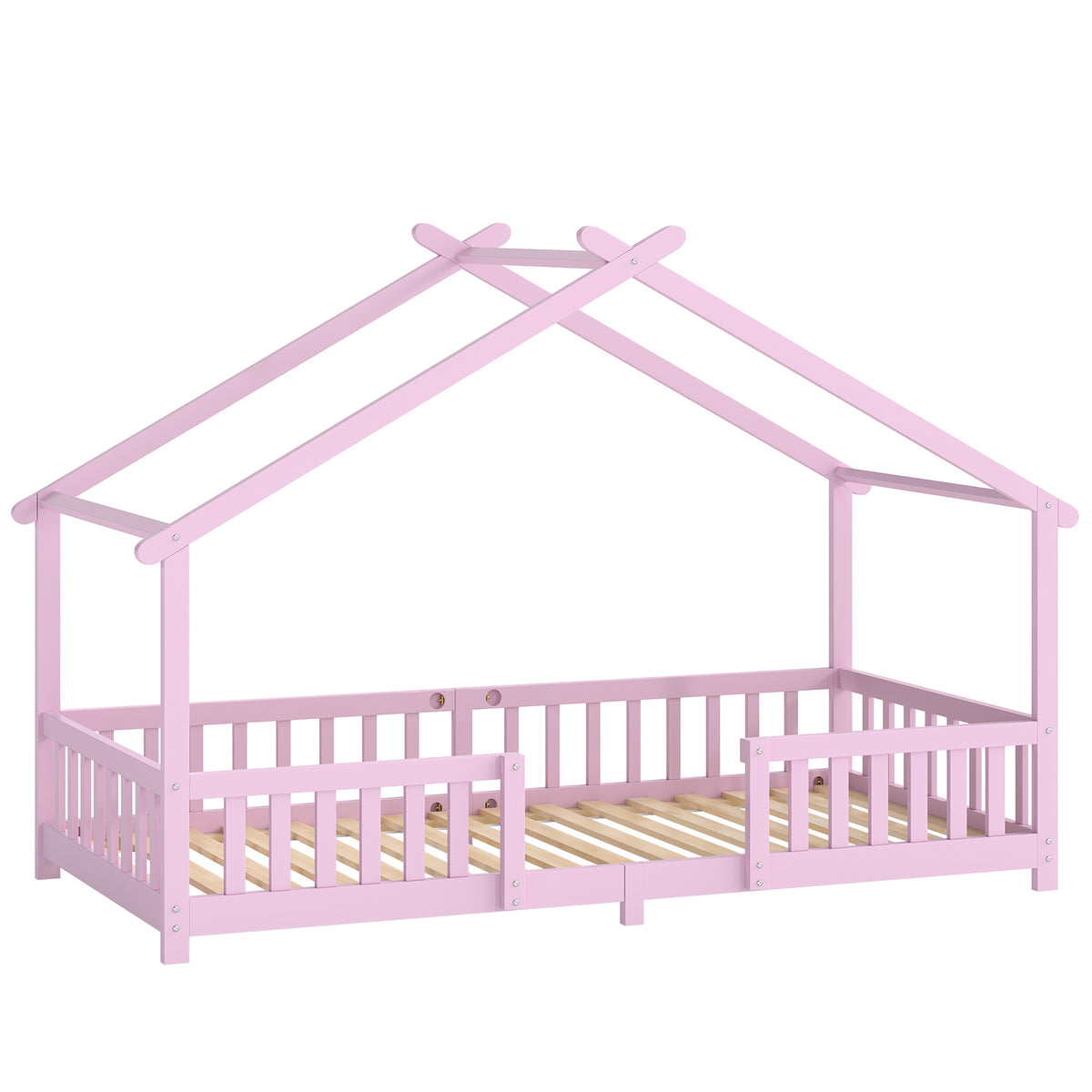 Kids House Single Bed Frame | Solid Pine Wood | House-Shaped Roof Design | Dual Guardrails | 5.5cm Low Floor Height | Fits 200x90cm Mattress | Max 110kg | 217x94x140cm | White or Pink
