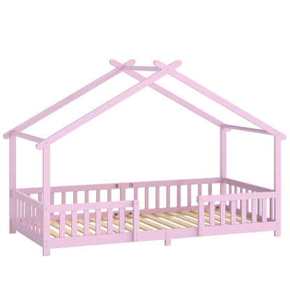 Kids House Single Bed Frame | Solid Pine Wood | House-Shaped Roof Design | Dual Guardrails | 5.5cm Low Floor Height | Fits 200x90cm Mattress | Max 110kg | 217x94x140cm | White or Pink