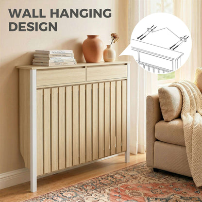 MDF & Particle Board Radiator Cover with 2 Drawers | Vertical Slats | Flat Top Display Surface | Wall Mountable | Pre-Cut Outs | 18kg Capacity | 119x19x93cm | Oak & White