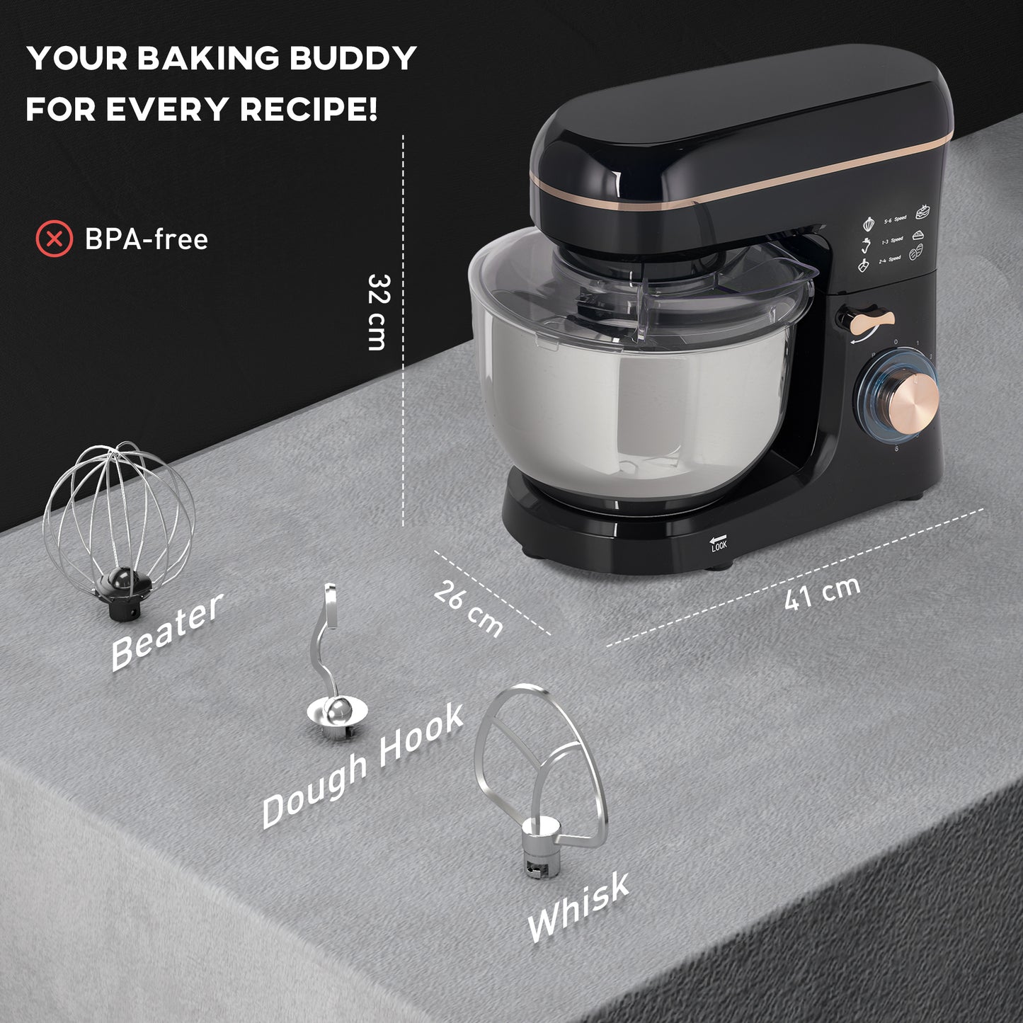 Stand Mixer, 5L Food Mixer for Baking, 6 Speeds and Pulse Setting, 1400W Cake Electric Kitchen Mixer with Dough Hook, Whisk