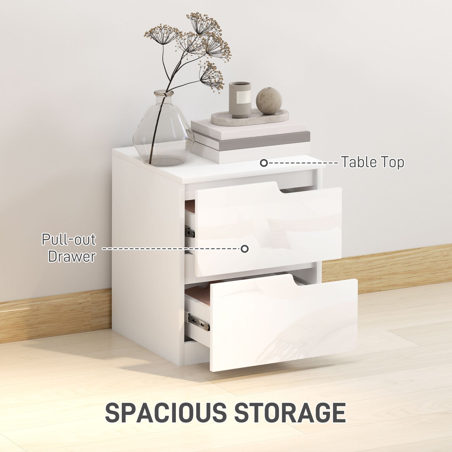 Set of Two High Gloss Bedside Tables - White