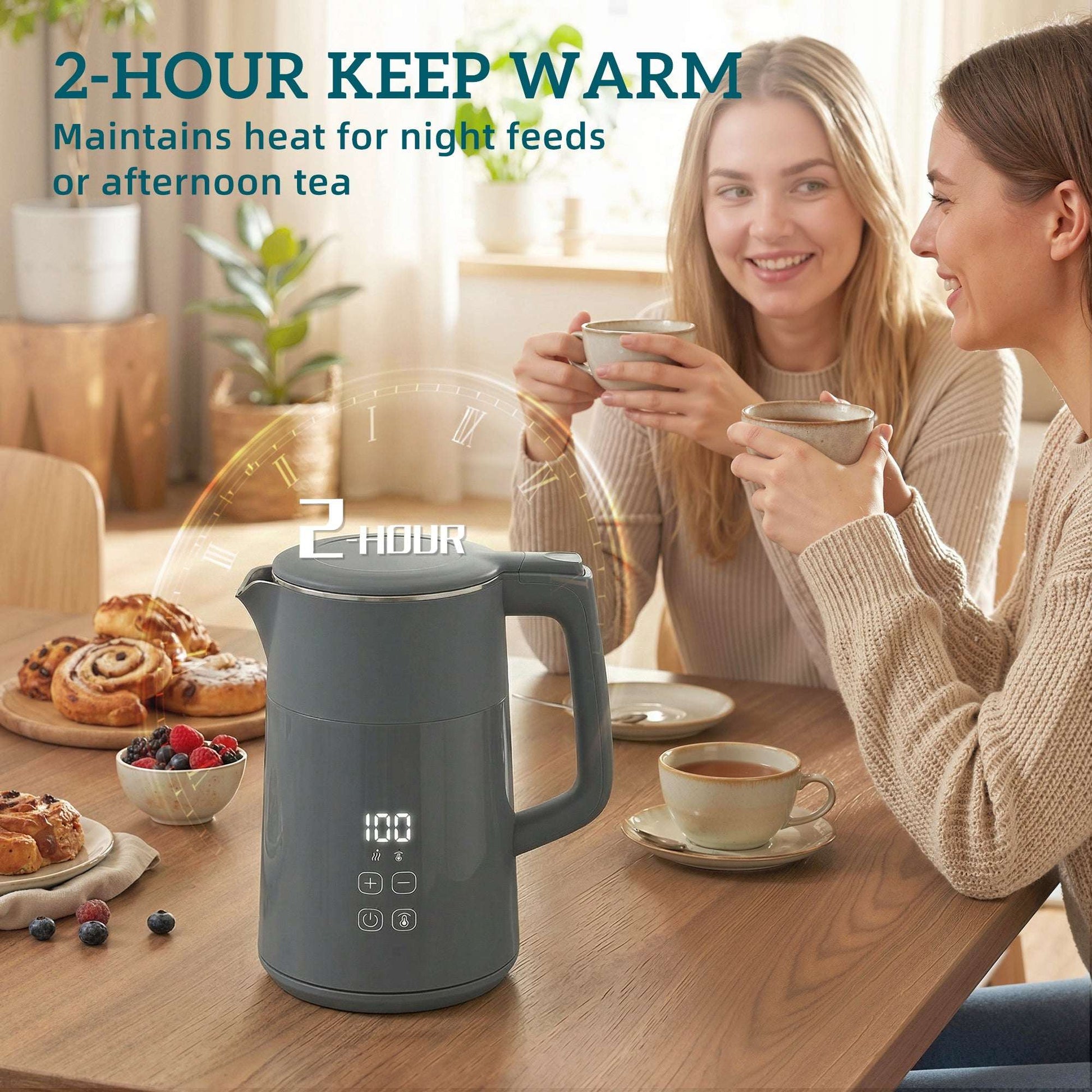 1.7L Electric Kettle | 3000W | 7 Temperature Settings 40-100°C | 2hr Keep-Warm | 304 Stainless Steel PTFE-Free | Boil-Dry Protection | Auto Shut-Off | 360° Swivel Base | Grey