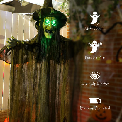 170 cm Life Size Hanging Halloween Animated Witch with Glowing LED Eyes, Spooky Witch Scary Halloween Decorations, Battery Operated, Indoor Party Props