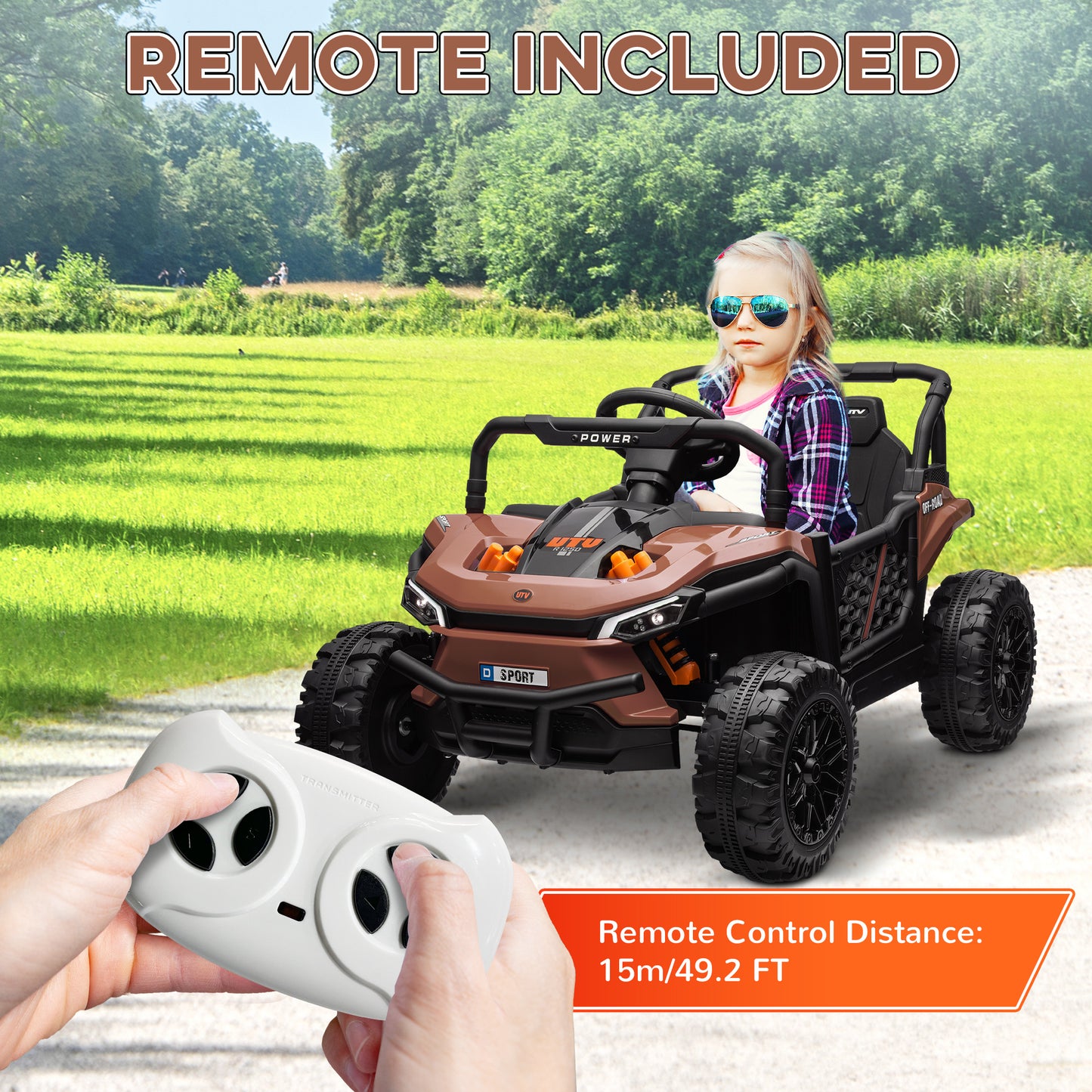 AIYAPLAY 12V Battery Powered Ride on Truck w/ Remote, 4 Suspension Wheels, Horn Lights Music USB, for 3-5 Years Old - Brown / Black
