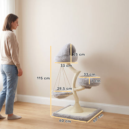 PawHut 115cm Modern Cat Tree | Branch-Style Sisal Scratching Post | 2 Washable Beds & Hanging Hammock | 60cm Base | Light Grey | For 1 Cat up to 6kg