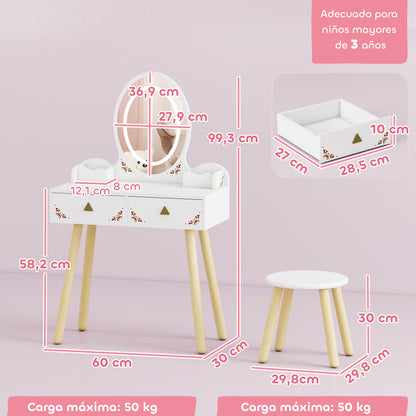 AIYAPLAY Kids Vanity Table and Chair Set with 3-Colour LED Lights Mirror, Drawer, Storage Boxes, for 3+ Years, White