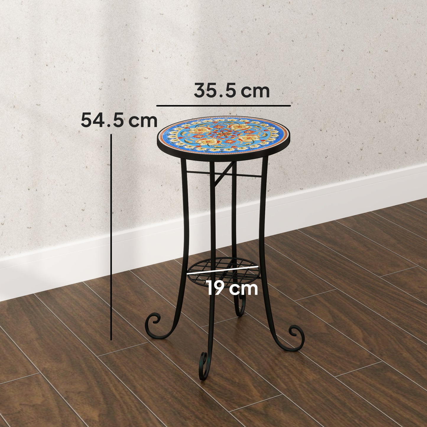 Round Mosaic Garden Bistro Side Table | Dia 35.5x54.5cm | Ceramic Tile Top | Lower Shelf | Electrophoretic Metal Frame | 30kg | Blue