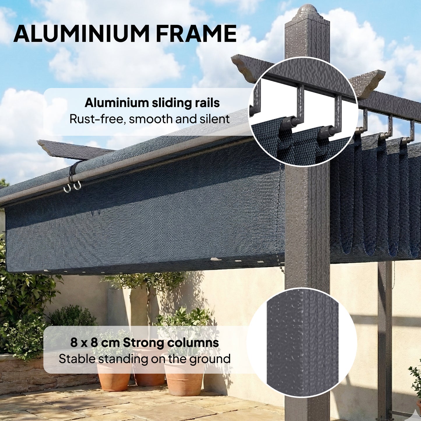 4x3m Garden Pergola | Retractable Roof Canopy | Roll-Up Sides | UV50+ | Rust-Resistant Aluminium | Smooth Sliding Rails | Windproof Level 6 | Snow Rated | Ground Stakes | Dark Grey