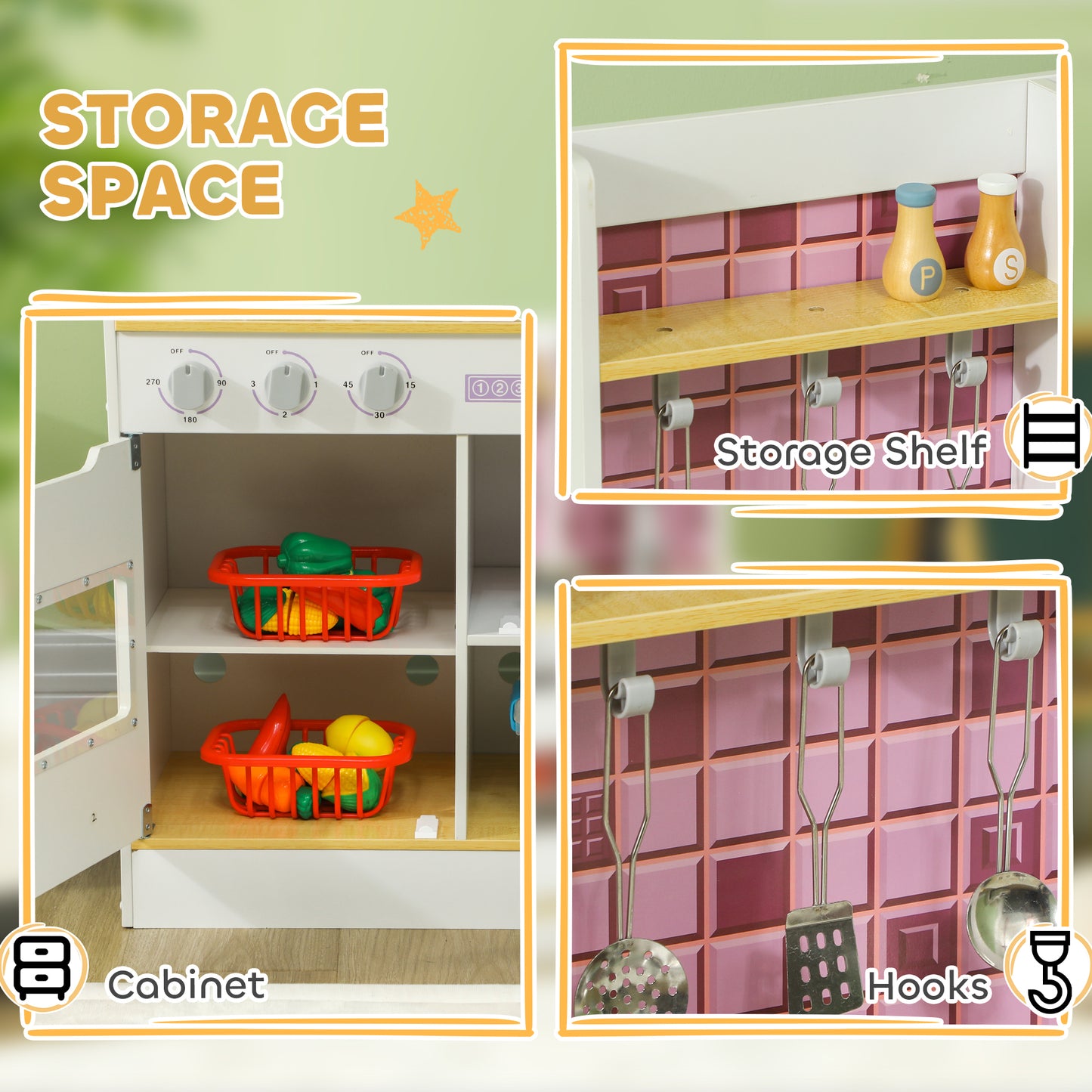 Kids Play Kitchen, Pretend Play Kitchen with Realistic Oven, Stove, Sink, Kitchen Accessories, White