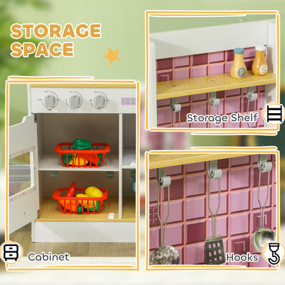 Kids Play Kitchen, Pretend Play Kitchen with Realistic Oven, Stove, Sink, Kitchen Accessories, White