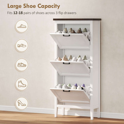 Farmhouse Narrow Shoe Cabinet | 3 Flip Drawers | Adjustable Shelves | 12-18 Pairs | Slim 26.5cm Depth | Max UK 9.5 | Anti-Tipping | MDF | 60x26.5x133.7cm | White