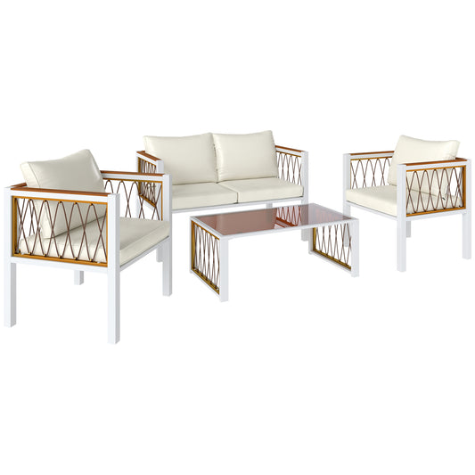 4-Piece PE Rattan Garden Sofa Set | Loveseat | 2 Armchairs | Tempered Glass Coffee Table | Galvanised Metal Frame | Wood-Effect WPC Slats | 8cm Seat & 12cm Back Cushions | Non-Slip Mats | Washable Covers | 120kg Per Seat | Cream White