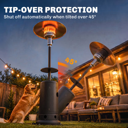 Outsunny Gas Patio Heater with Side Table | Brown Metal | 5-13kW Stepless | 30m² Coverage | Piezo Ignition | Tip-Over Protection | Propane Butane | 40cm Table | Tank Cabinet | 81x81x221cm