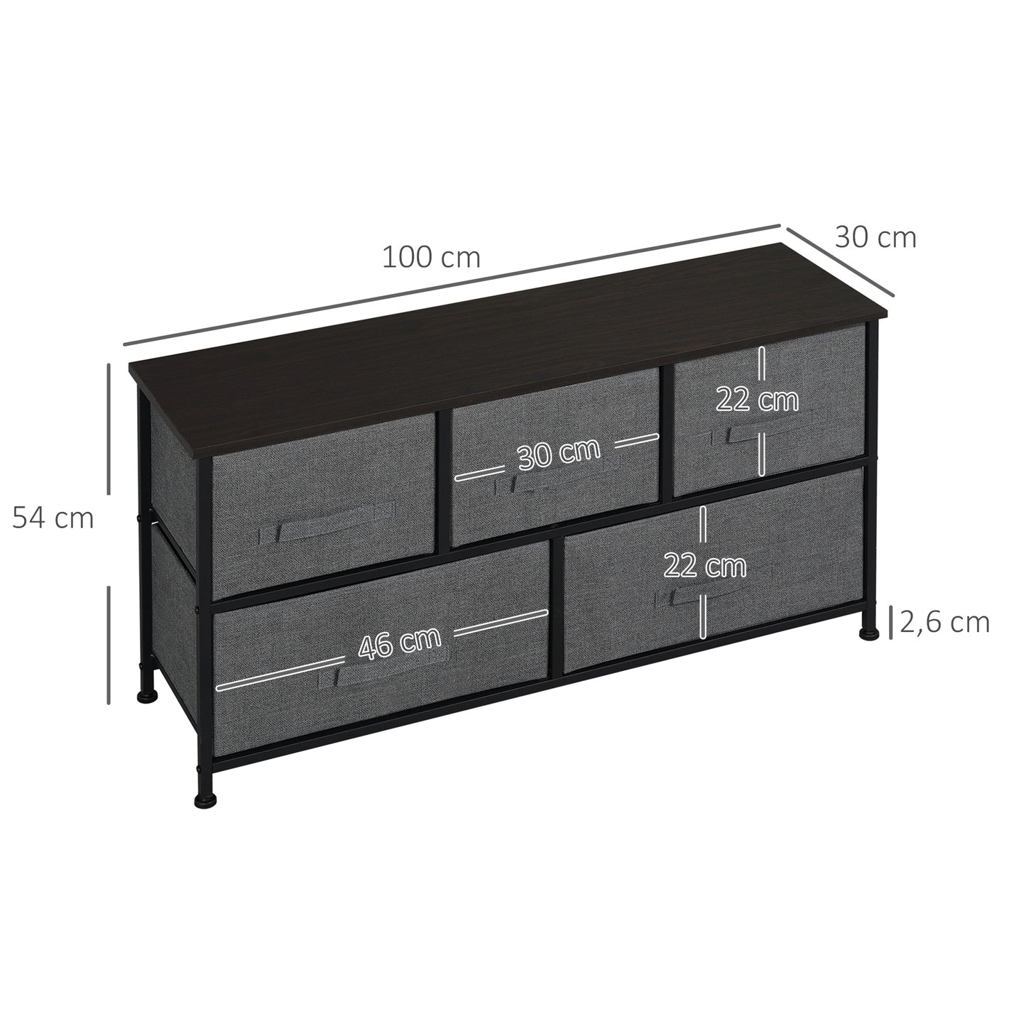 Chest of Drawers, 5 Drawer Fabric Dresser with Steel Frame, Adjustable Feet, Storage Organizer Unit for Bedroom, Living Room, Dark Grey