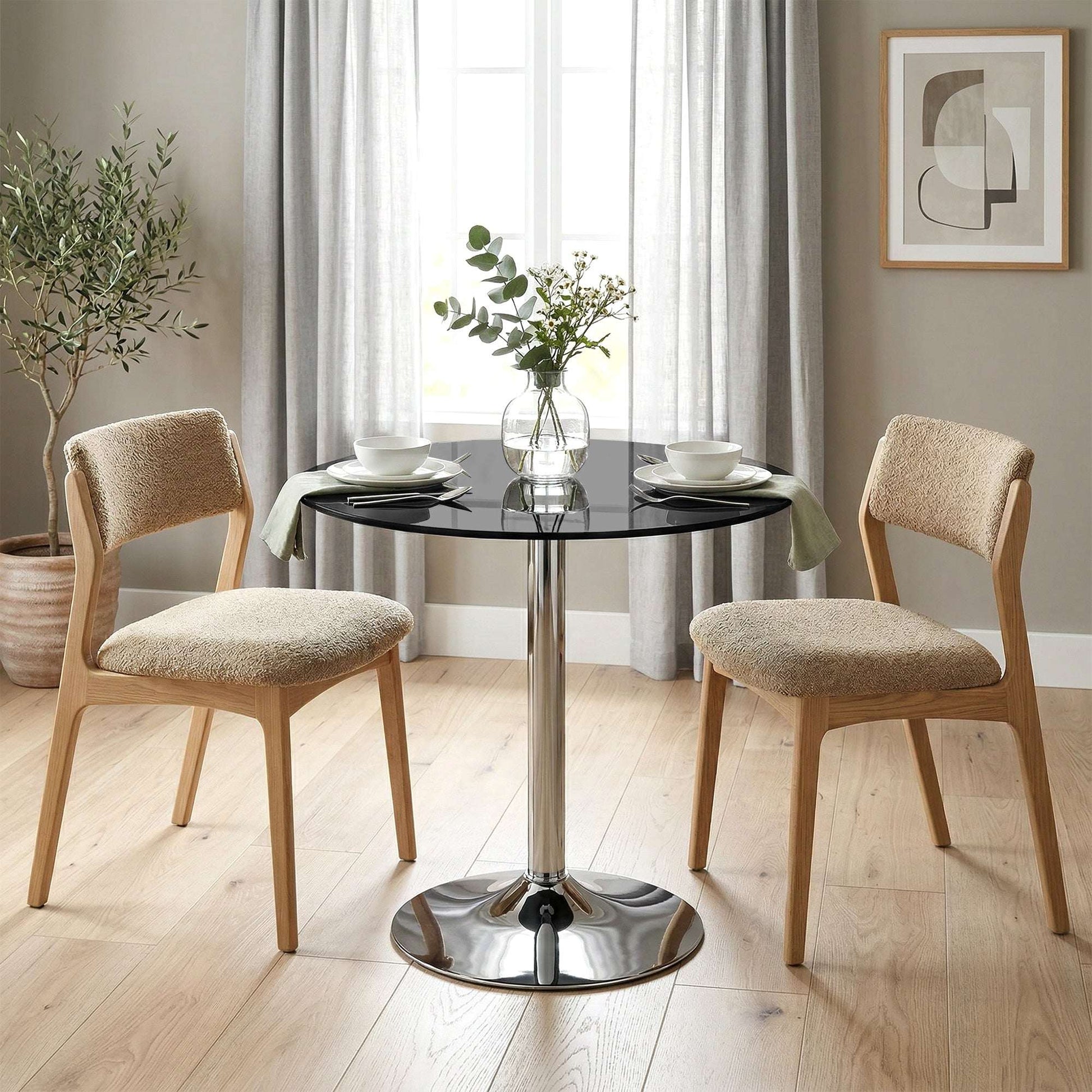 Round Bistro Dining Table | 8mm Tempered Glass Top | Steel Frame | Non-Slip Foot | Ø70x75.5cm | 20kg | Black