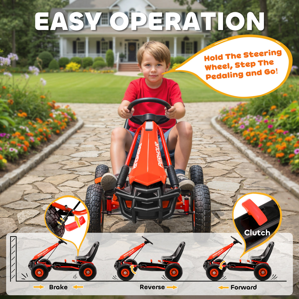 AIYAPLAY Kids Pedal Go-Kart | Red or Blue | 110x61x62cm | Ø25cm EVA Wheels | Adjustable Seat 30cm | 5cm Adjustment | Manual Brake & Clutch | Steel Frame | 30kg Max | Age 3-8 | Height 105-125cm | EN71