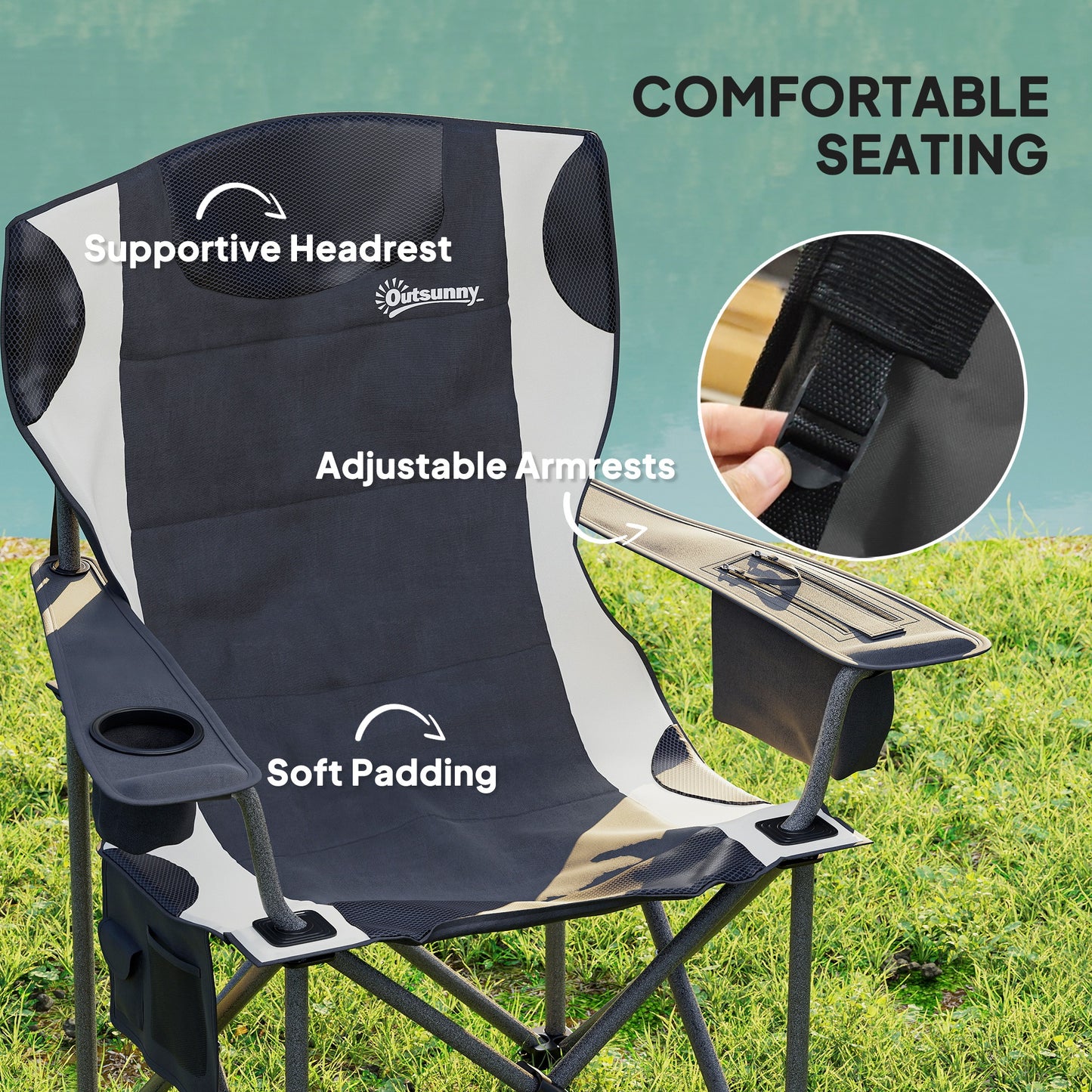 Set of 2 Folding Camping Chairs, Padded Camping Chairs with Adjustable Armrests, Portable & Lightweight Folding Camp Chair with Cooler Bag, Cup Holder and Side Pockets