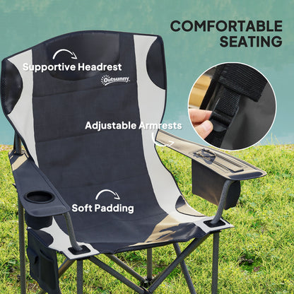 Set of 2 Folding Camping Chairs, Padded Camping Chairs with Adjustable Armrests, Portable & Lightweight Folding Camp Chair with Cooler Bag, Cup Holder and Side Pockets