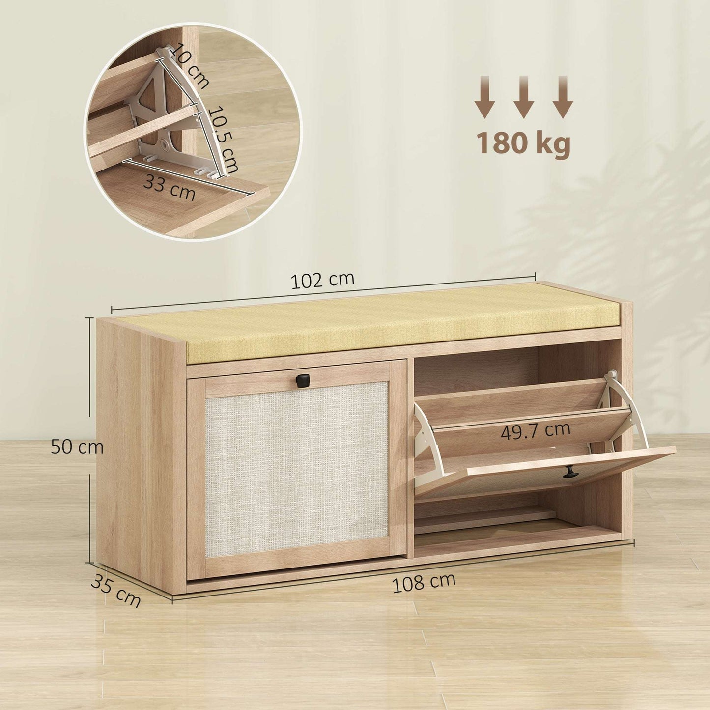 Hallway Shoe Bench | PE Rattan Doors | 4.5cm Foam Padded Seat for 2 | 2 Flip-Down Cabinets | Magnetic Catches | BS5852 Compliant | 180kg Capacity | 105x35x50cm | Oak Wood Effect