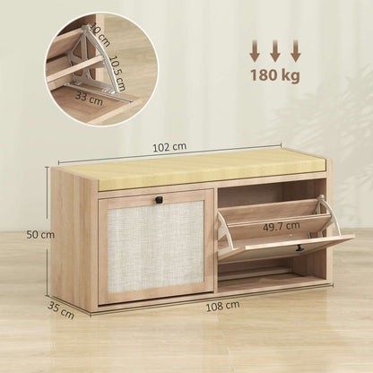 Hallway Shoe Bench | PE Rattan Doors | 4.5cm Foam Padded Seat for 2 | 2 Flip-Down Cabinets | Magnetic Catches | BS5852 Compliant | 180kg Capacity | 105x35x50cm | Oak Wood Effect