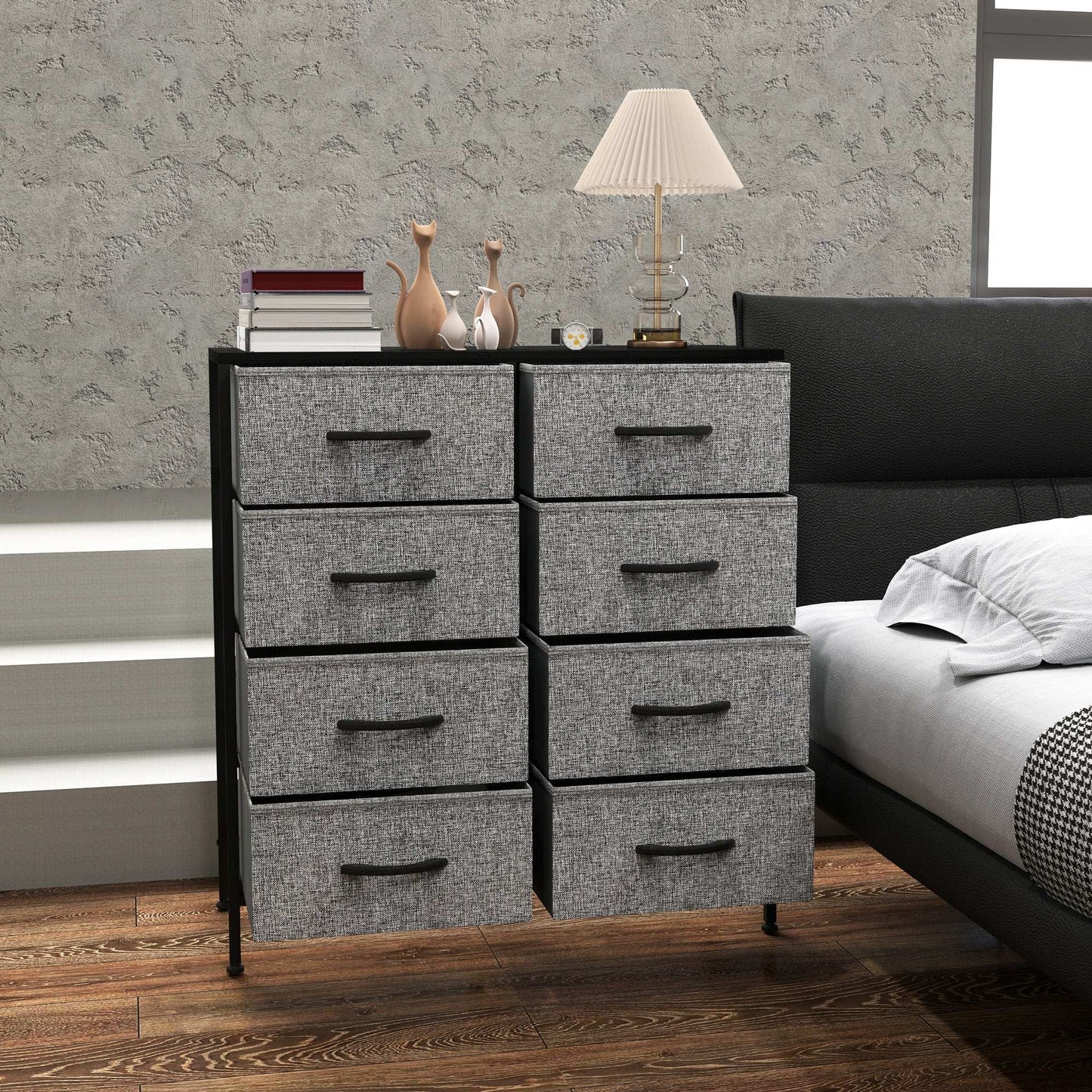 Fabric Chest of Drawers, Storage Bedroom Dresser with 8 Fabric Drawers, Steel Frame and Wooden Top for Nursery, Living Room, Hallway, Black