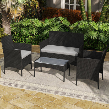 4-Piece PE Rattan Garden Sofa Set | Loveseat | 2 Armchairs | Tempered Glass Coffee Table | Powder-Coated Steel Frame | 2000h UV-Resistant PE Rattan | 5cm Zip Cushions | Protective Foot Pads | 240kg Loveseat Capacity | Black