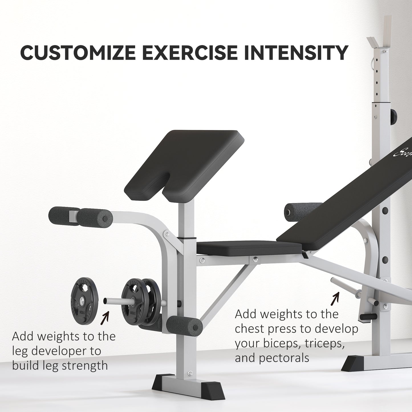 Adjustable Weight Bench with Squat Rack, Heavy Duty Bench Press Rack with Preacher Curl Pad, Leg Developer, Barbell Rack, Butterfly, Home Gym Strength Training Multiuse Workout Bench, Grey