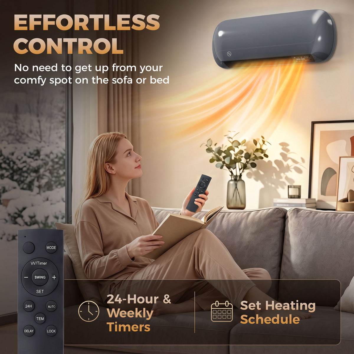 2000W Ceramic Wall Mounted Space Heater | Fan-Forced | Weekly Timer | 10–49°C Thermostat | Remote Control | IP23 | 20–25m² | Grey