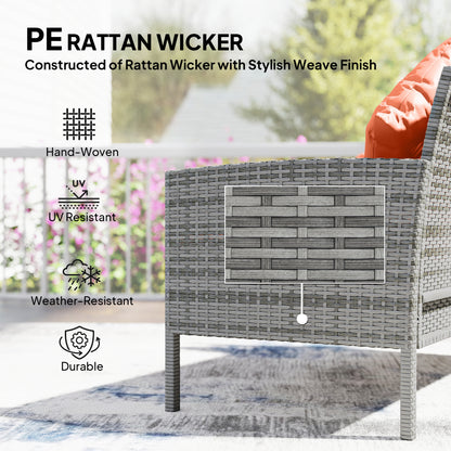 6-Seater Rattan Garden Dining Set | Sofa & Loveseat | 2 Footstools | Glass Table | Zip Cushions | 5 Pillows | 160kg | Orange