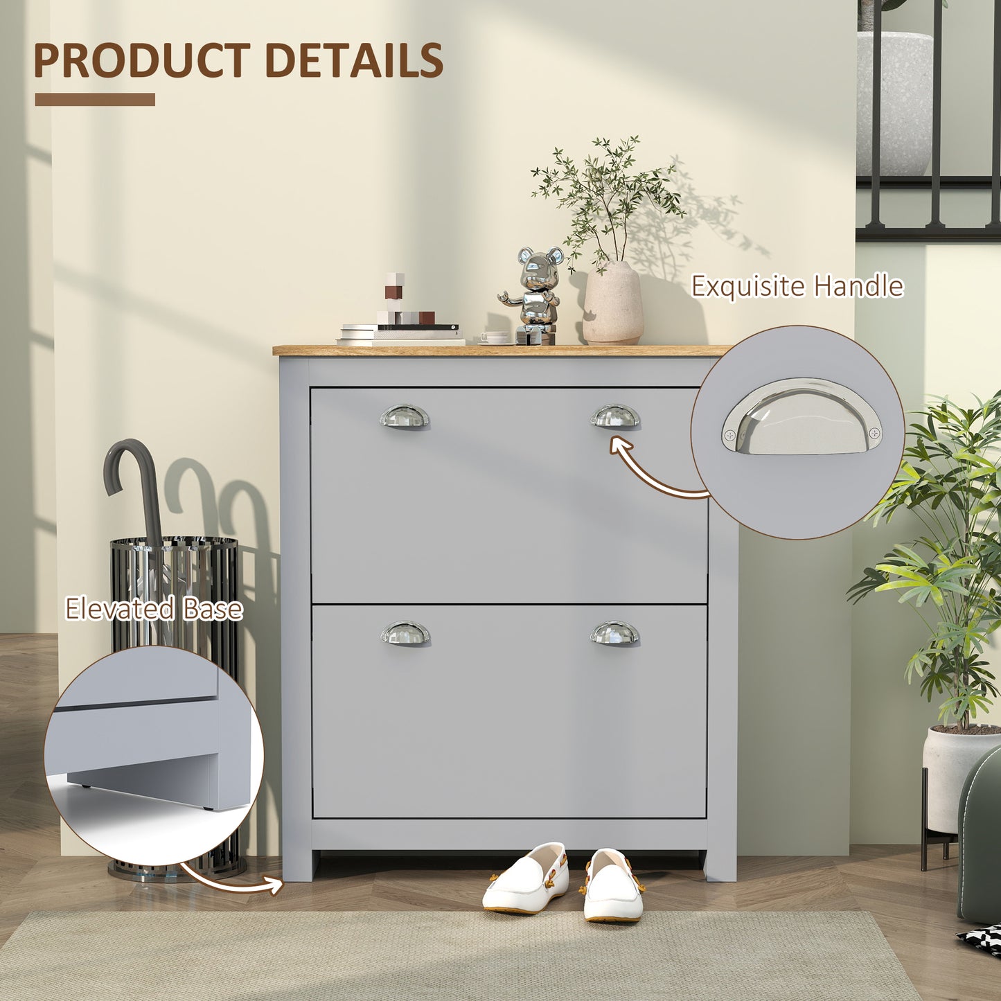 2 Drawer Shoe Cabinet Modern Narrow Shoe Cupboard Hallway Wooden Storage Organiser with Flip Doors Adjustable Shelf for 6-12 Pairs