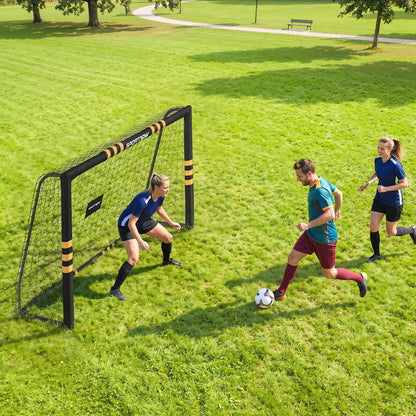 SPORTNOW Portable Football Goal | Black & Yellow | 8x5ft or 6x4ft | EPE Foam Padding 1.6cm | PVC-Wrapped Posts | 6 Ground Stakes | Metal Frame | PE Net | Age 5+ | Garden Training